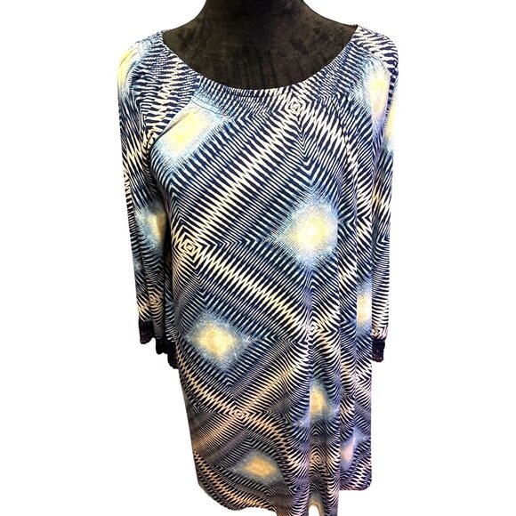Geometric Print Tunic Dress XL Crochet Trim Flare Sleeveless Flowy Beach Comfort - Picture 8 of 8